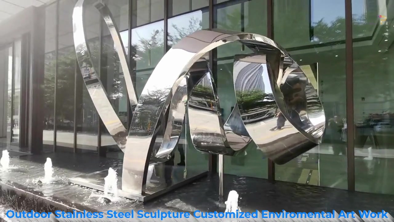 Modern Abstract Stainless Steel Outdoor Sculpture Above Fountain