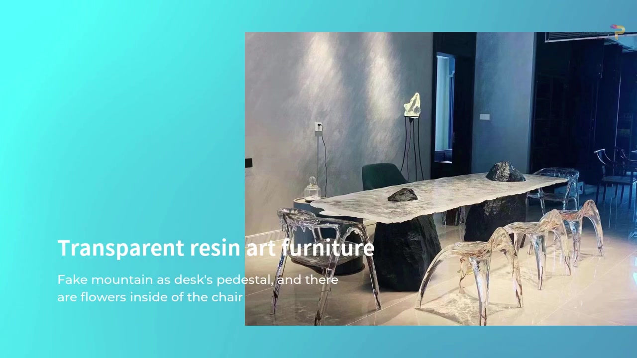 Modern Transparent Resin Art Furniture with Fake Mountain Pedestal 丨 Pico Art Clear Resin Desk and Chairs