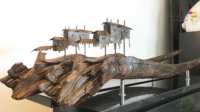 Intro to Metal Iron Cabin with Wood Stand Mixed Sculpture Pico Art